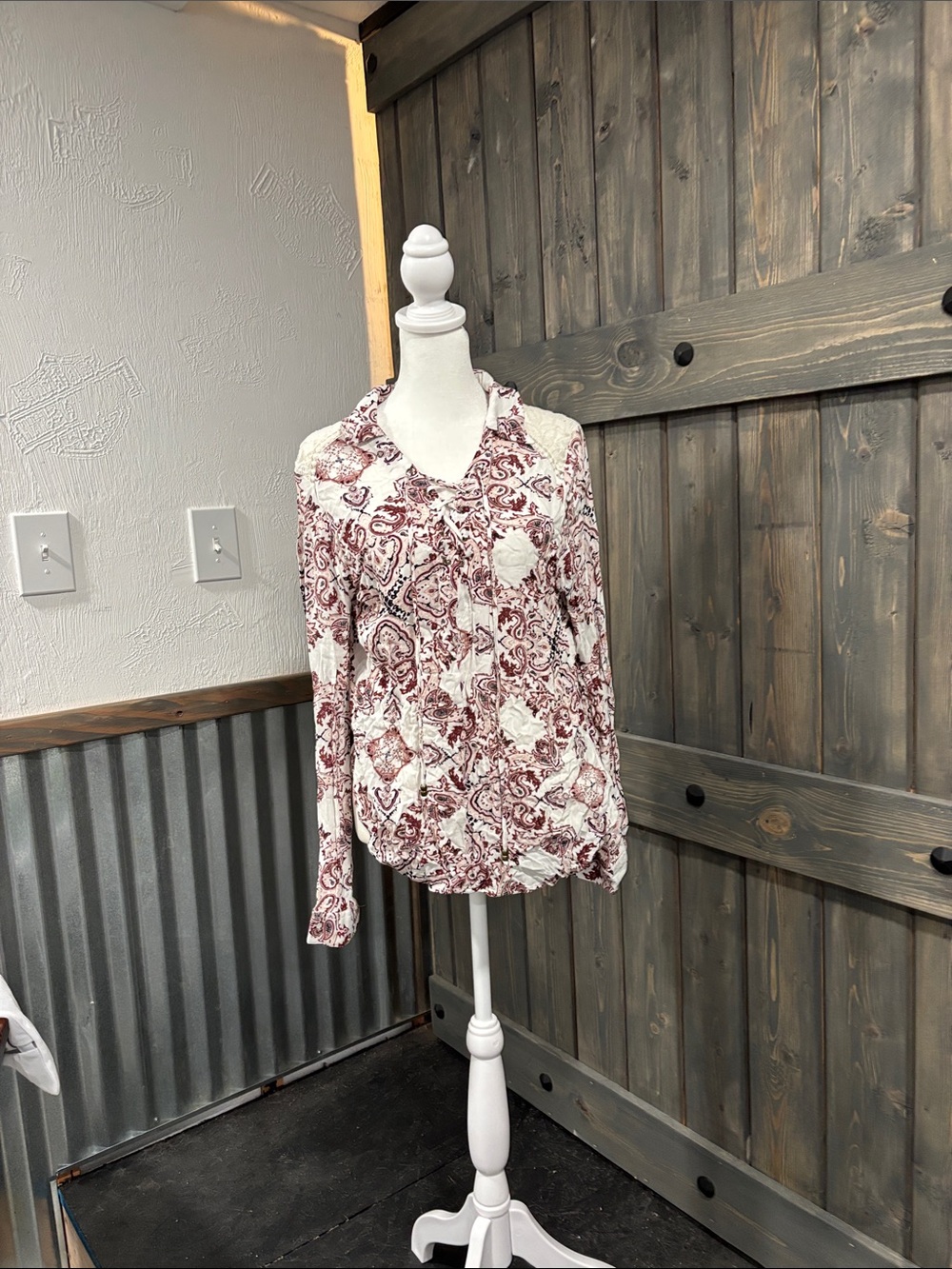 Paisley Button-Front Burgundy Blouse